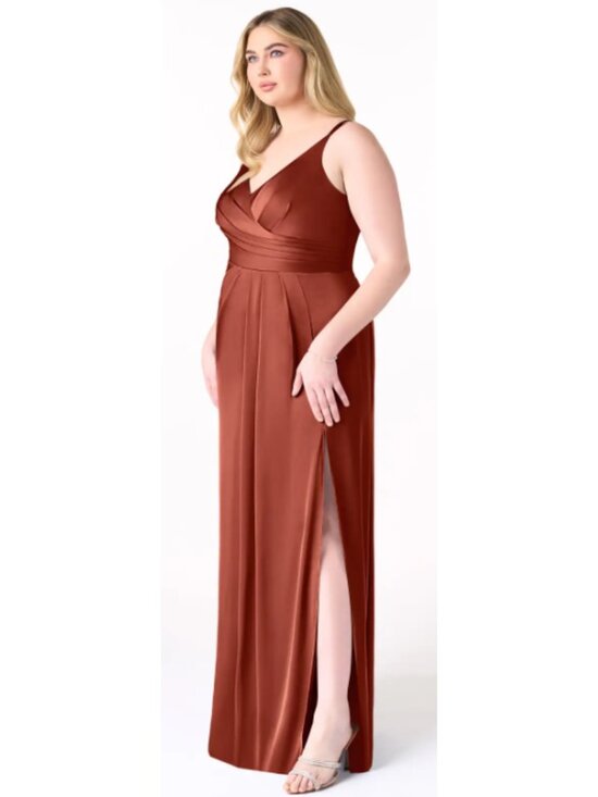 Azazie Terracotta Stretch Satin Formal Dress A22 Plus Size Slit V-Neck BNWT Prom - Picture 2 of 4